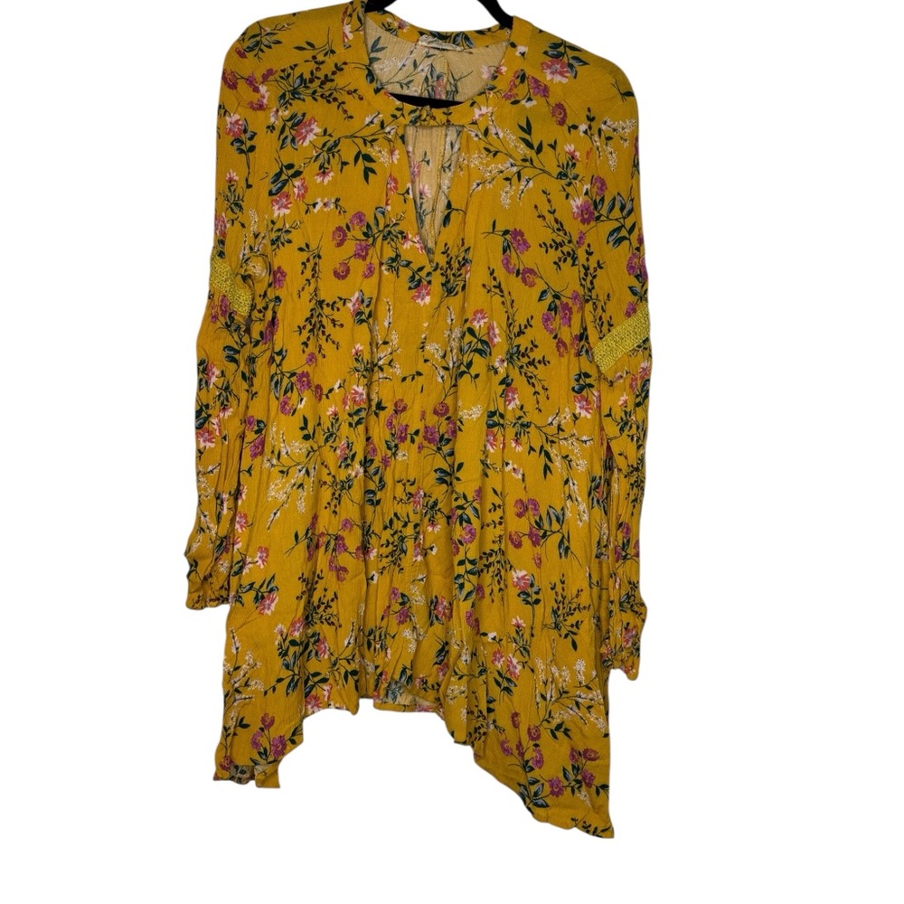 🌻 ETWO Boho Floral Dress Women’s Large Mustard Yellow Flowy Tunic 🌸